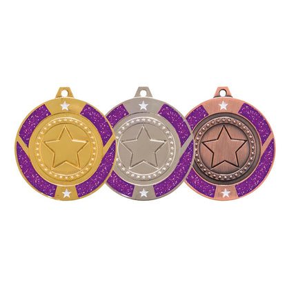 Glitter Star Purple multisport medal and ribbon 50 mm free engraving