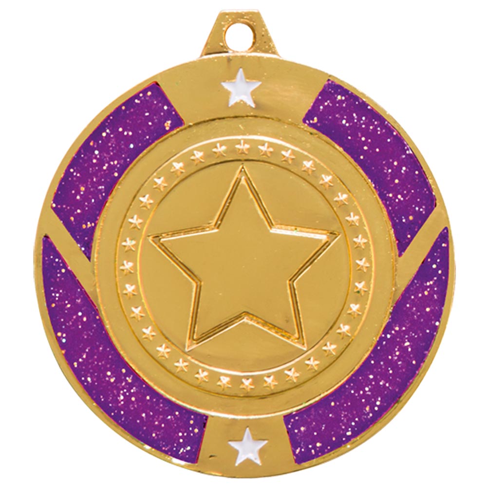 Glitter Star Purple multisport medal and ribbon 50 mm free engraving