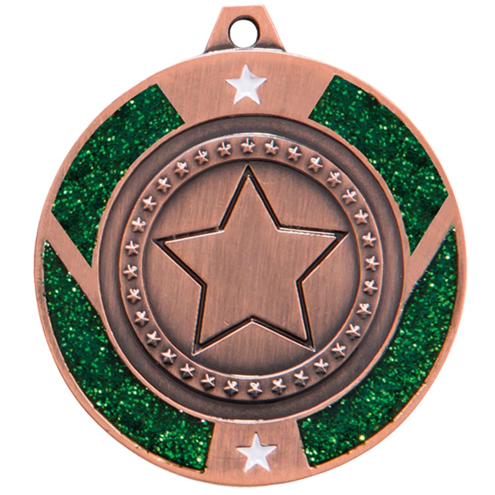 Glitter Star Green multisport medal and ribbon 50 mm free engraving