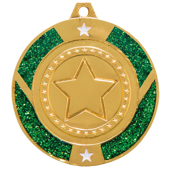 Glitter Star Green multisport medal and ribbon 50 mm free engraving